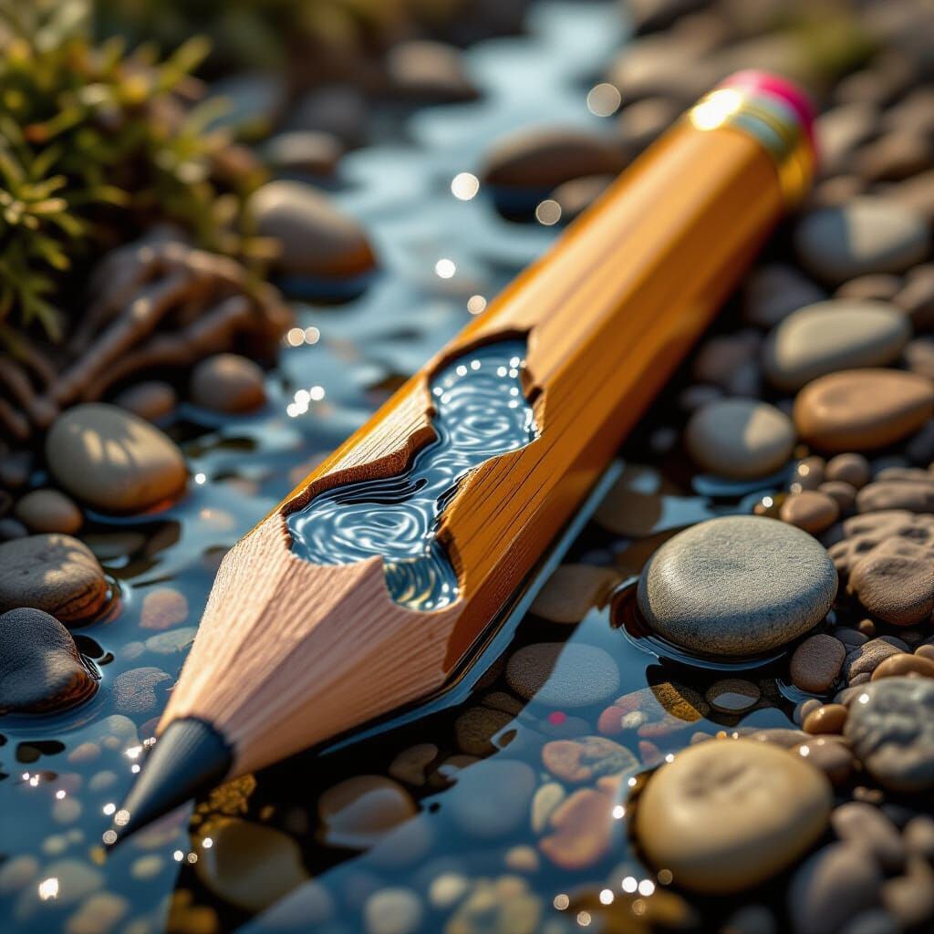 A realistic pencil with a small river flowing through its center, surrounded by small stones and pebbles, natural lighting, macro photograph...