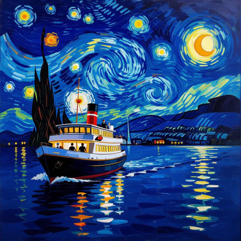 Da Vinci Starry Night Over Calm Sea with Cruise Ship