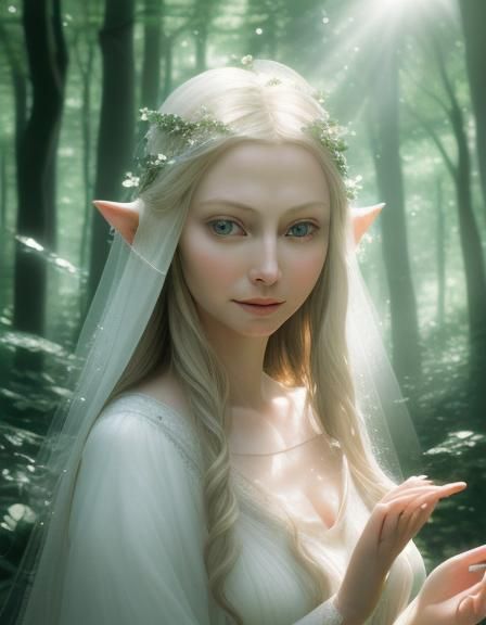 Galadriel , closeup portrait, evanescent, bright white dress...