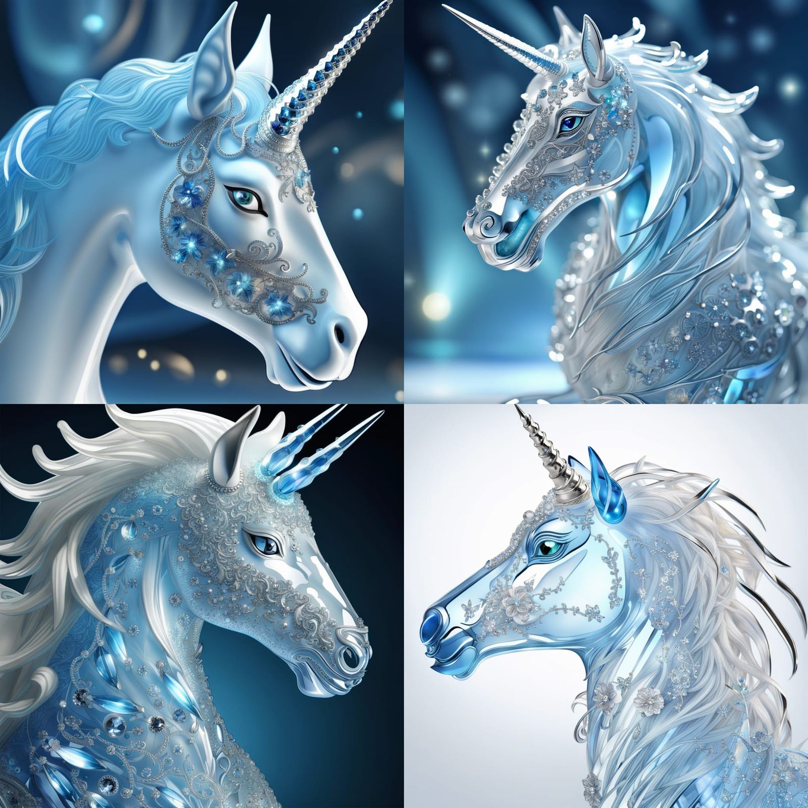 swarovski crystal, luminescent, icy full size single horn,clear crystal unicorn, filagree, glimmering, intense detailing...