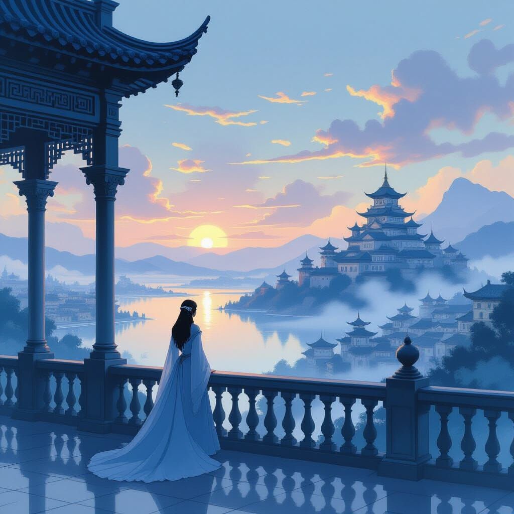 A solitary queen stands on a balcony overlooking a vast, serene city bathed in the ethereal glow of twilight. ...  by @A handsome lad