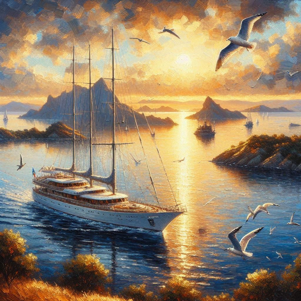 yacht in the bay with seagulls flying #4