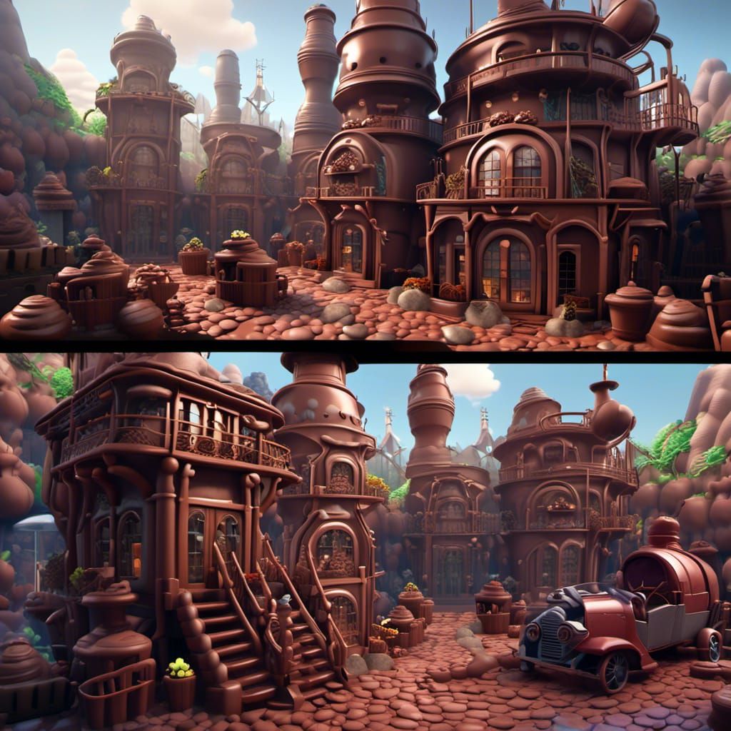 /imagine prompt: a chocolate factory, made of chocolate, and...