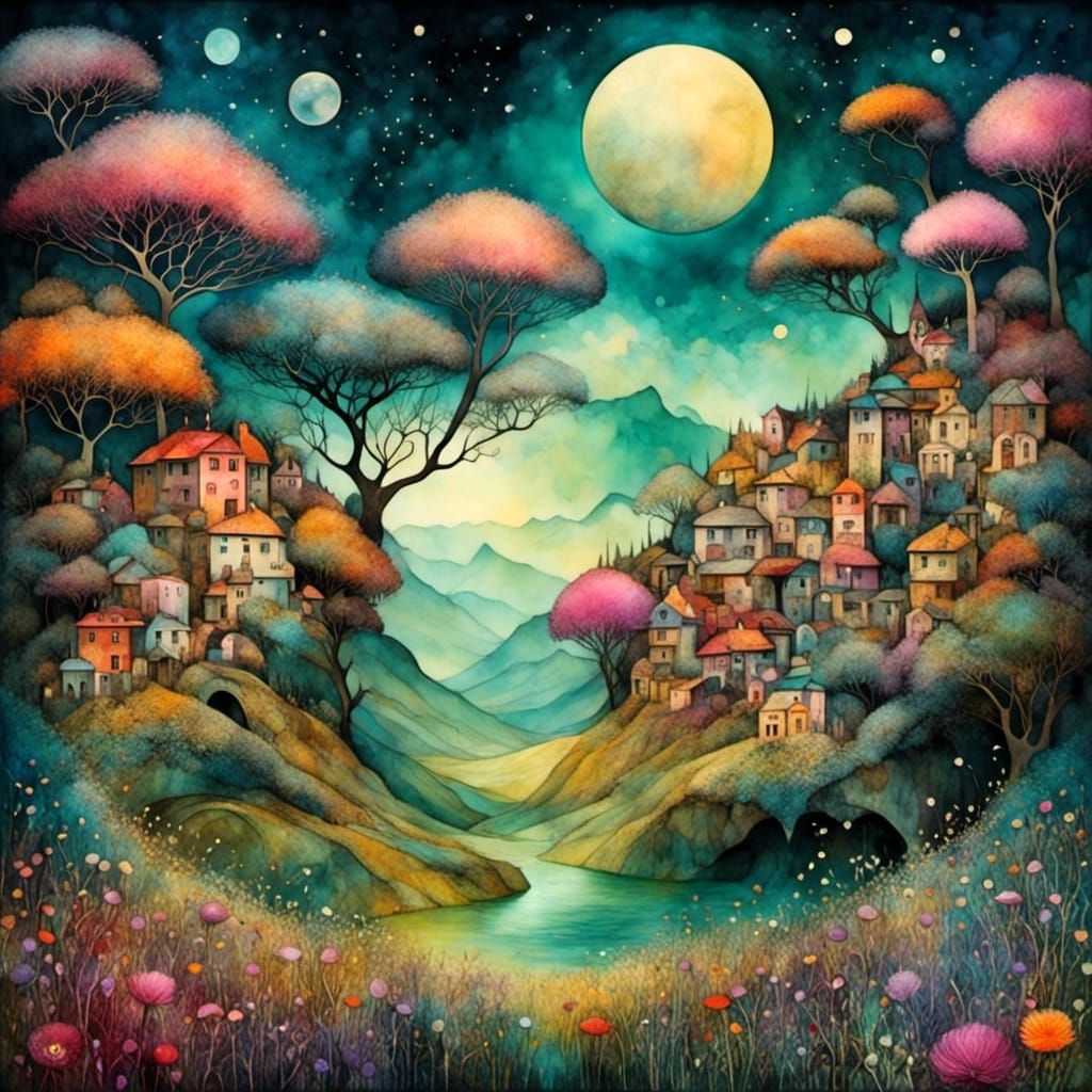 <lora:Liquid Ink:1.0> Dreamscape : surrealist landscape, bea...