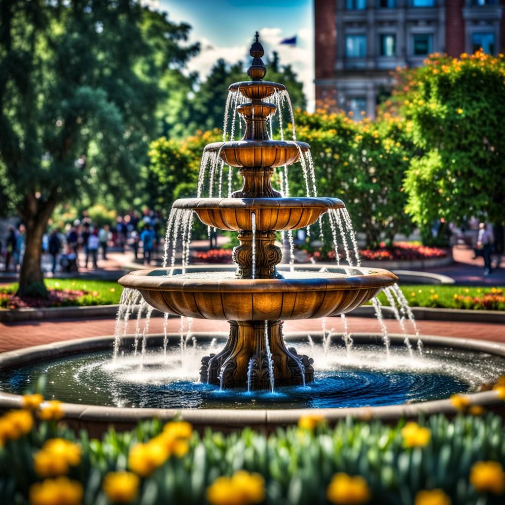 A fountain in a garden park downtown in a big city. intricate details, HDR, beautifully shot, hyperrealistic, sharp focus, 64 megapixels, pe...