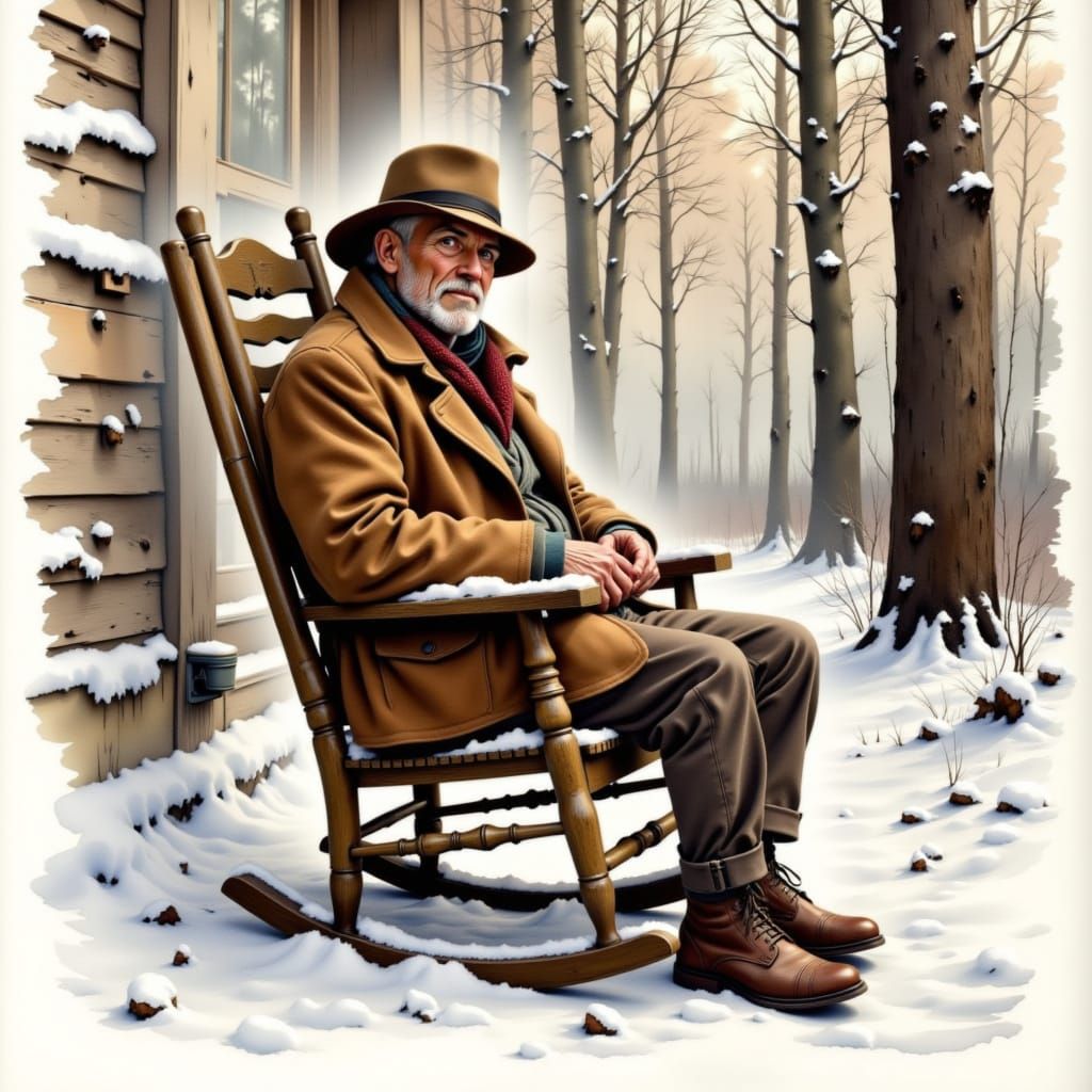 Vintage watercolor illustration of an old man, sitting on a rocking chair on the porch of his hunting cabin. Winter, snow, cozy clothes. 
we...