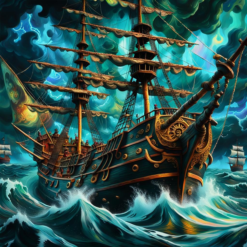 pirates sailing stormy seas mid shot (8k HD panoramic photog...