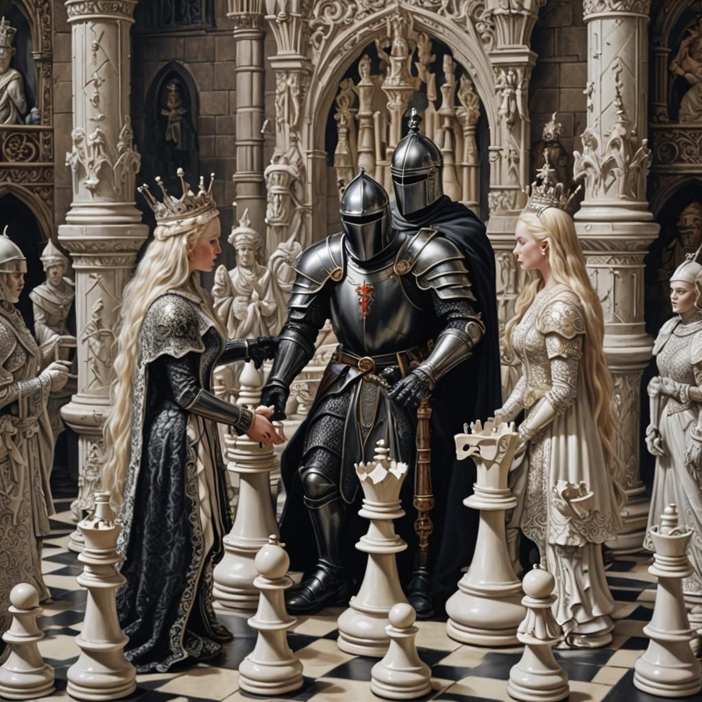 A world of chess, where a black knight is taking the white queen, hyperdetailed intricately detailed ...  by @Absinthe