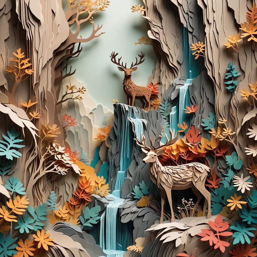 Paper Cutout Stag at Waterfall, 3D Sculpture