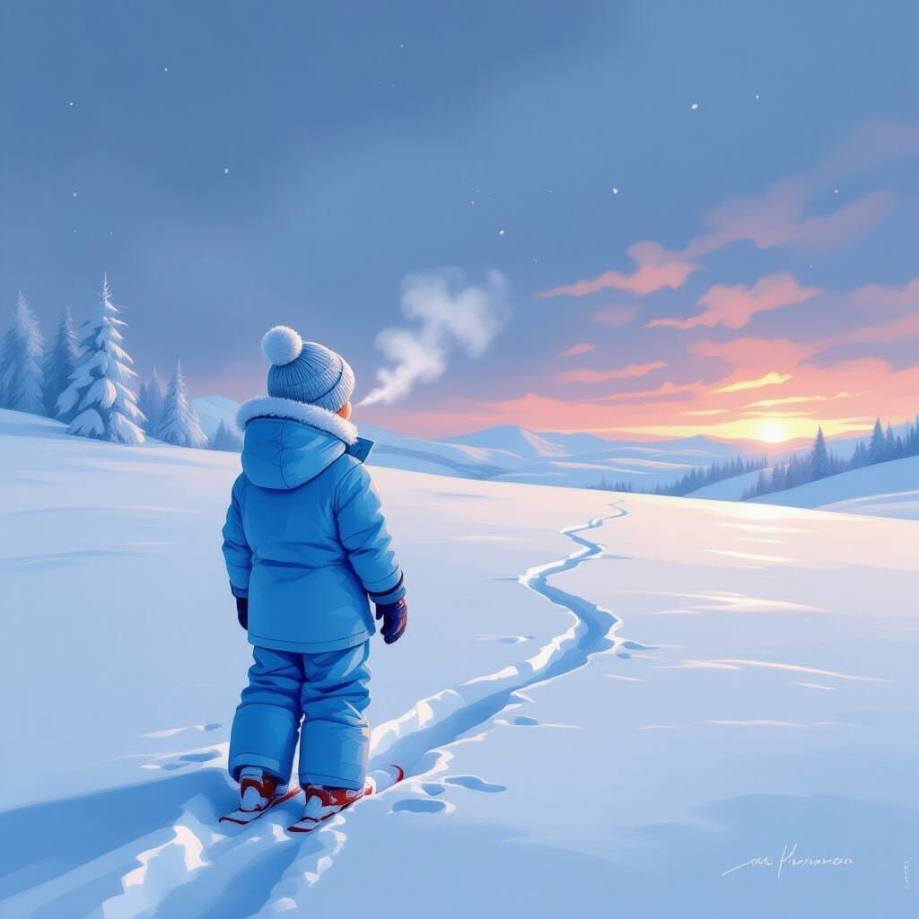 Boy Contemplates Snowy Adventure in Magical Realism Style