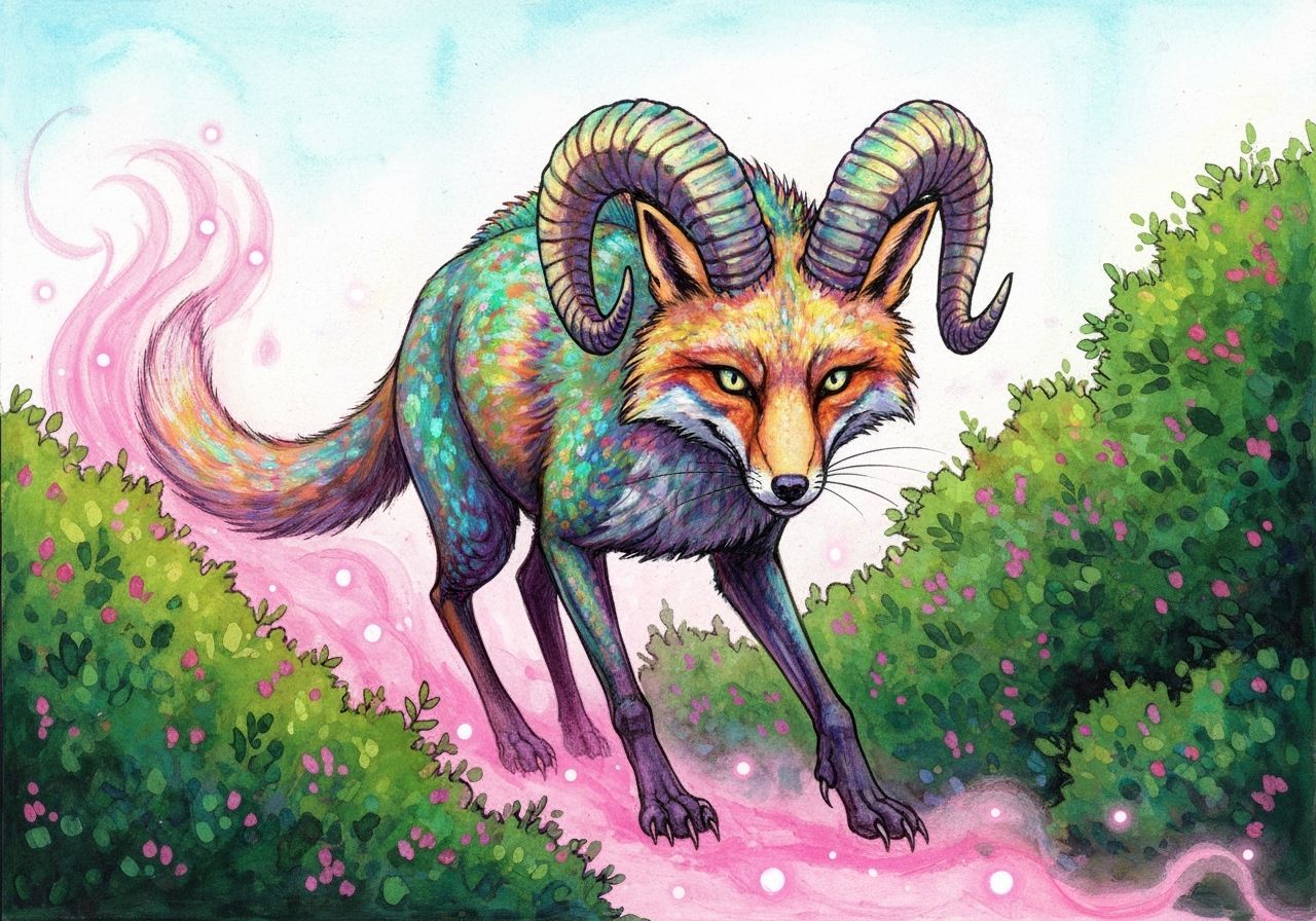 Fox Chimera with Chameleon Scales in Gouache Water... - AI Art