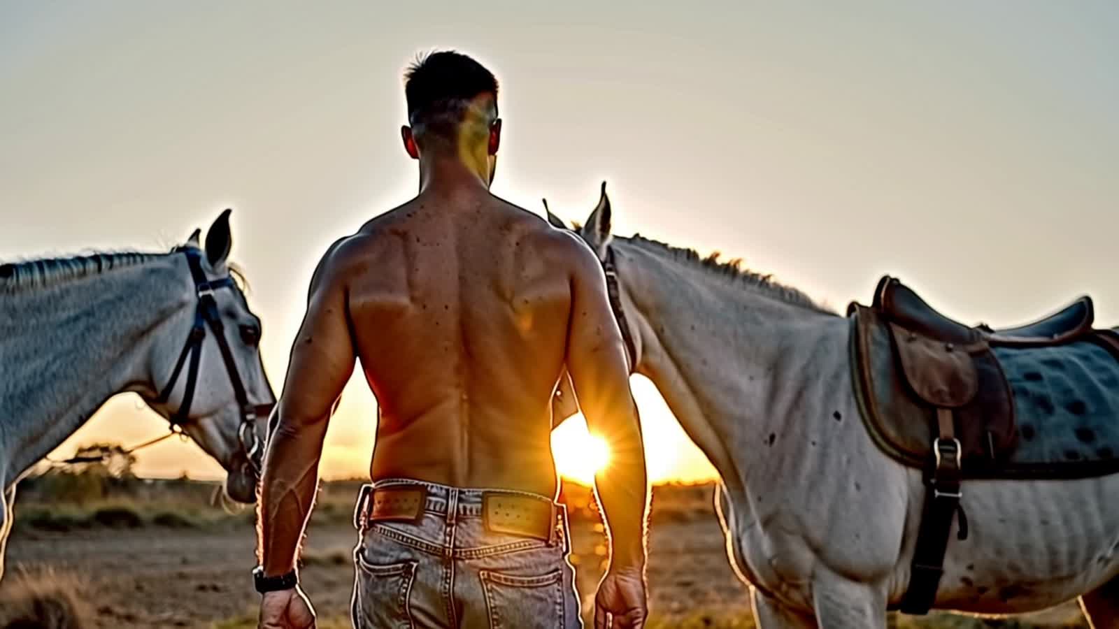 A very handsome 22yo shirtless very muscular Caucasian male cowboy with short black hair and wearing low cut tight jeans...