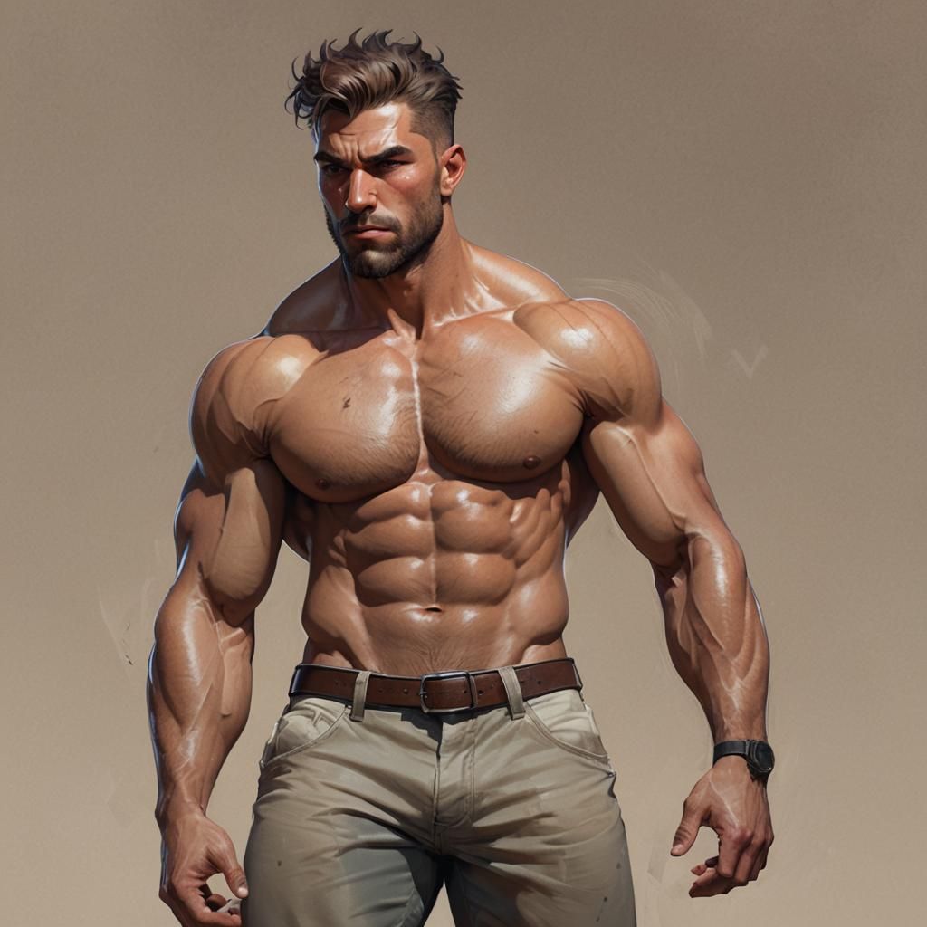 a buff shirtless guy with extremely big bulge in his pants - AI Generated  Artwork - NightCafe Creator