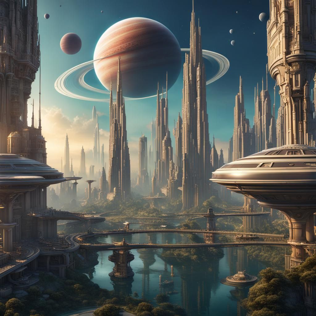 Utopian city next to the planet Saturn, detailed matte painting, deep color, fantastical, intricate detail, ...  by @zepsilon