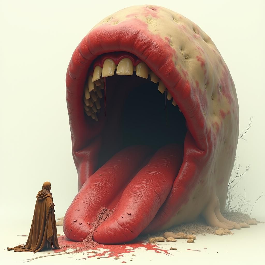 Close up of a human tongue on a white background with a forlorn, dejected person standing in the middle of the tongue
