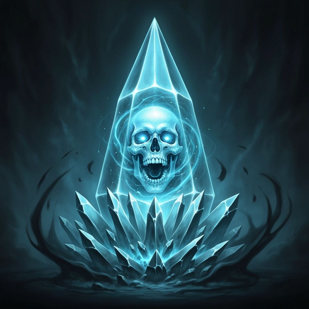 A huge, luminous soul crystal encases a spectral skull, glowing with a chilling blue light. The crystal, sharp-edged and tapering to a point...
