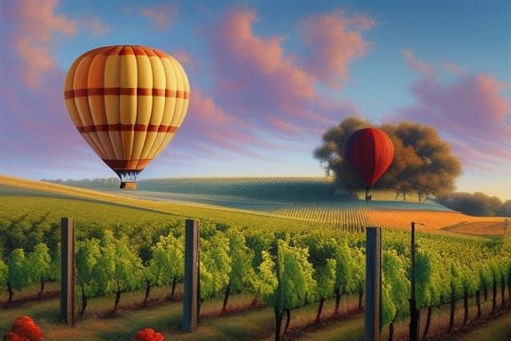 hot air balloons over a vineyard