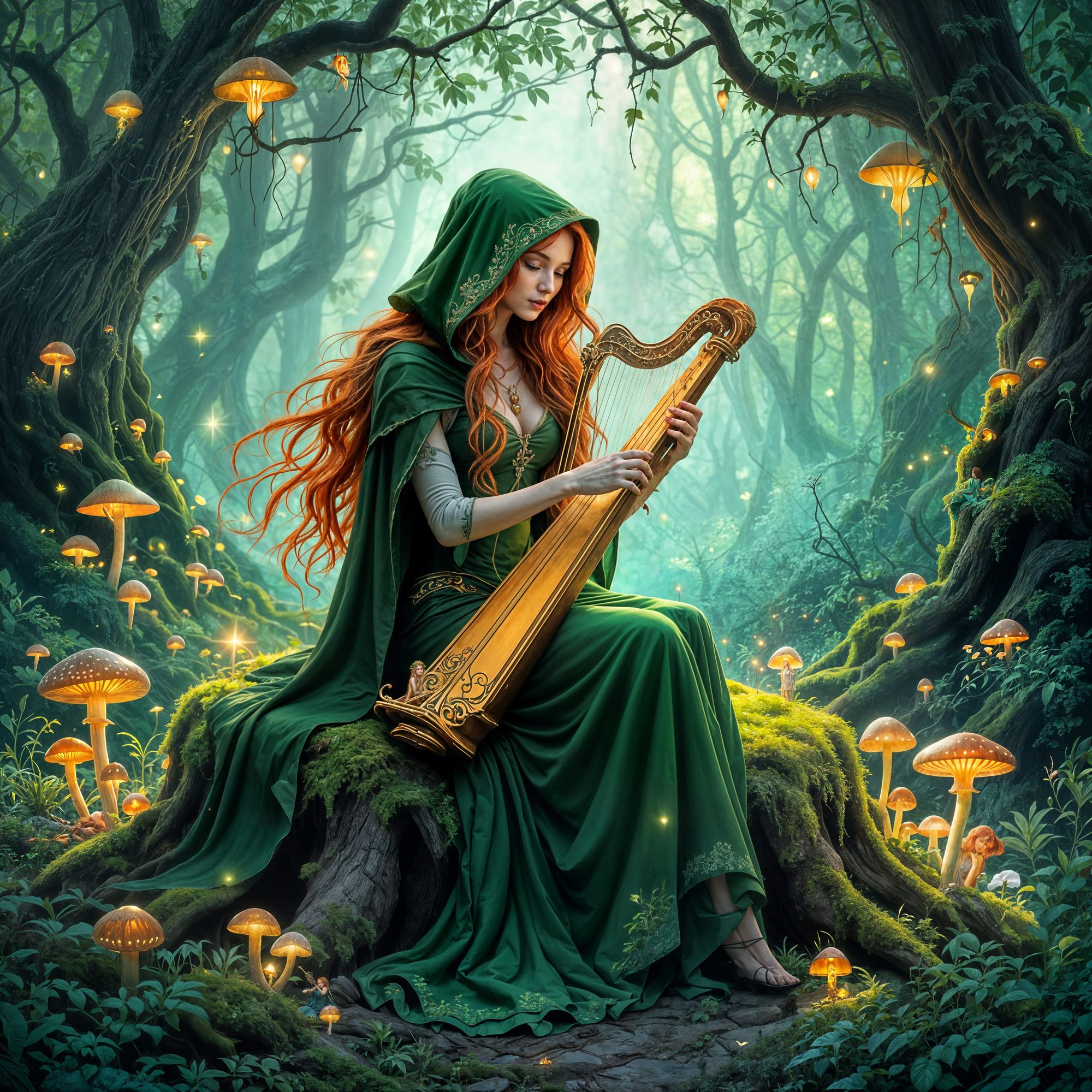 The Aibell. A beautiful fairy with long red hair. As she sits on a tree stump in an ethereal forest with glowing plants ,flowers, and mushro...
