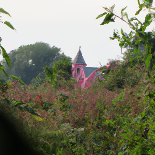 overgrown pink church in distance