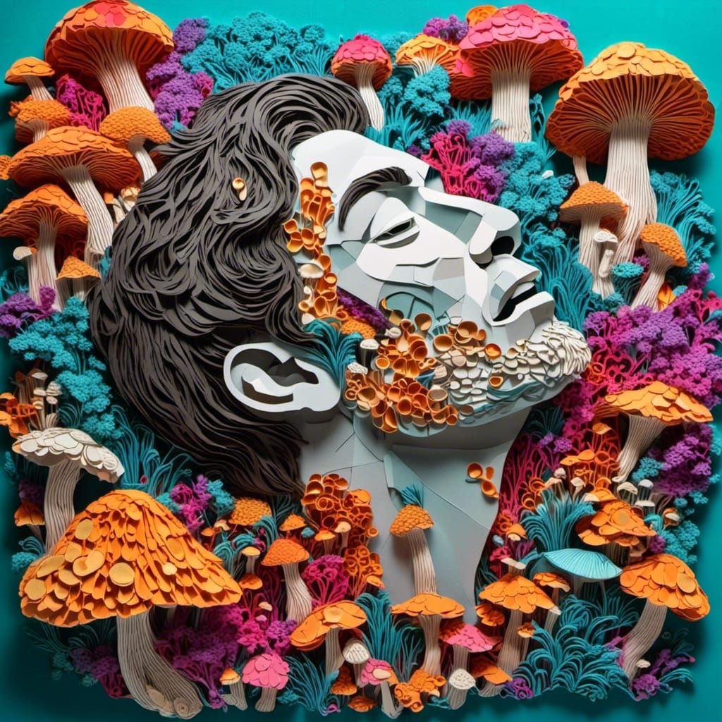 Portrait of a man's head lying down with mushrooms erupting from his open mouth, vibrant colors, intricate and detailed, vaporwave, kirigami...