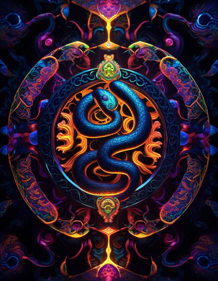 A dark fantasy Psychedelic ohm symbol with snakes, mirrored ...