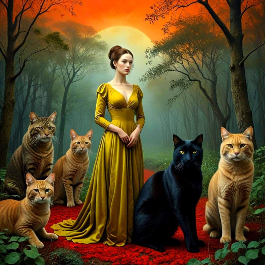 Surreal Portrait of Woman with Oversized Cats
