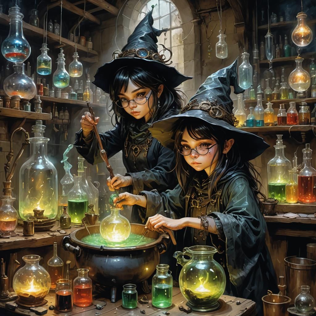 Chibi Witch Brewing Potions in Dark Fantasy Lab