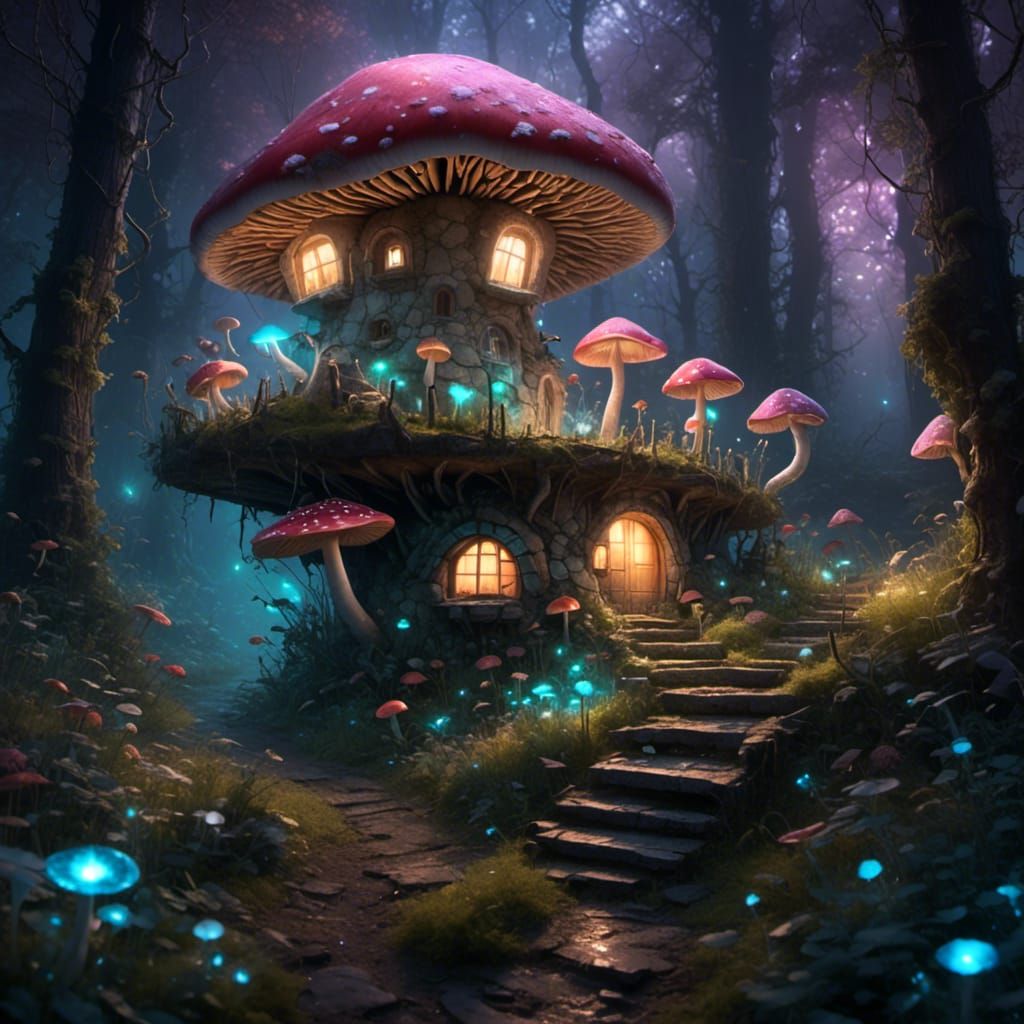 A fairy mushroom house in an enchanted bioluminescent forest. <lora:Expresso Shot:1.0> 