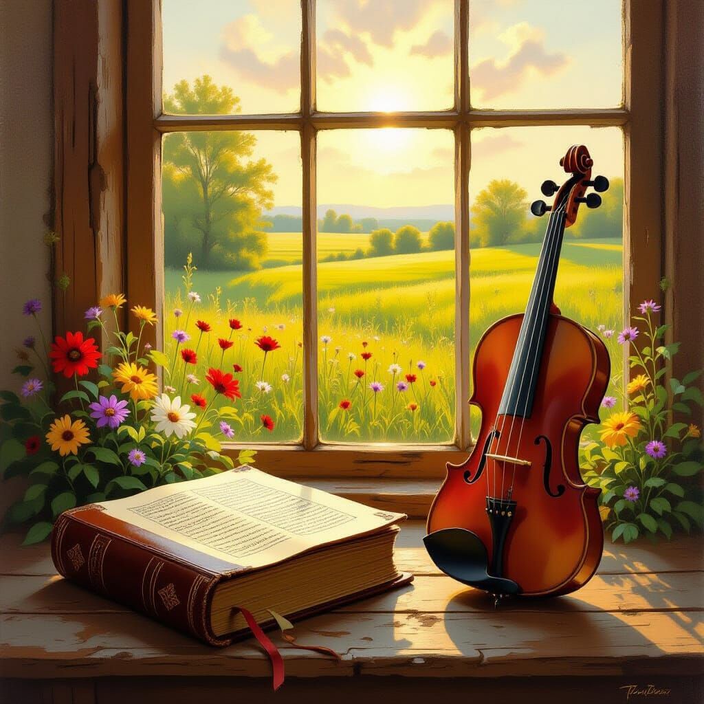 Sunlit Violin Beside Worn Book of Psalms