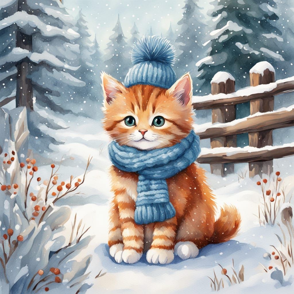 A fluffy, cute kitten sitting in the snow-covered forest, wearing a colorful knitted winter hat with ...  by @Zacharo