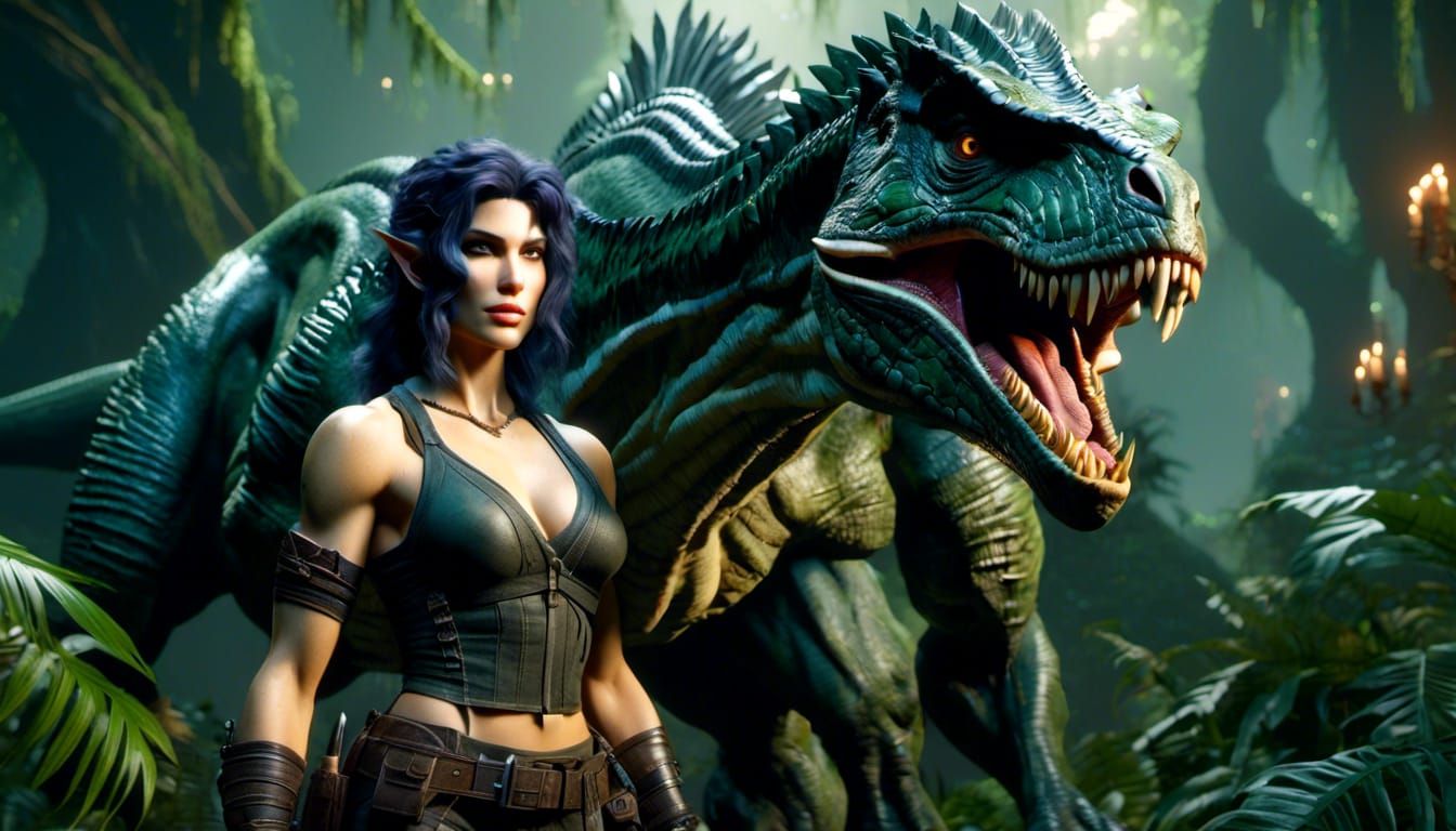 <lora:Multi-Genre Fusion:1.0> A muscular and curvy orc woman with lower tusks, dark green hair, hazel eyes, and pale skin hunting with her v...