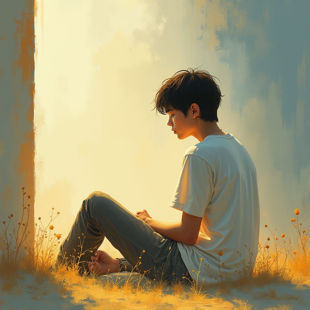 Soothing Golden Light Bathes a Young Man in a Dreamlike Sett...