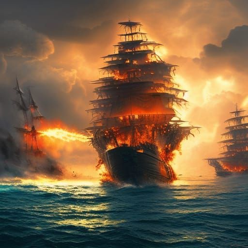 A sea on fire pirate ship   by @Jaxson King