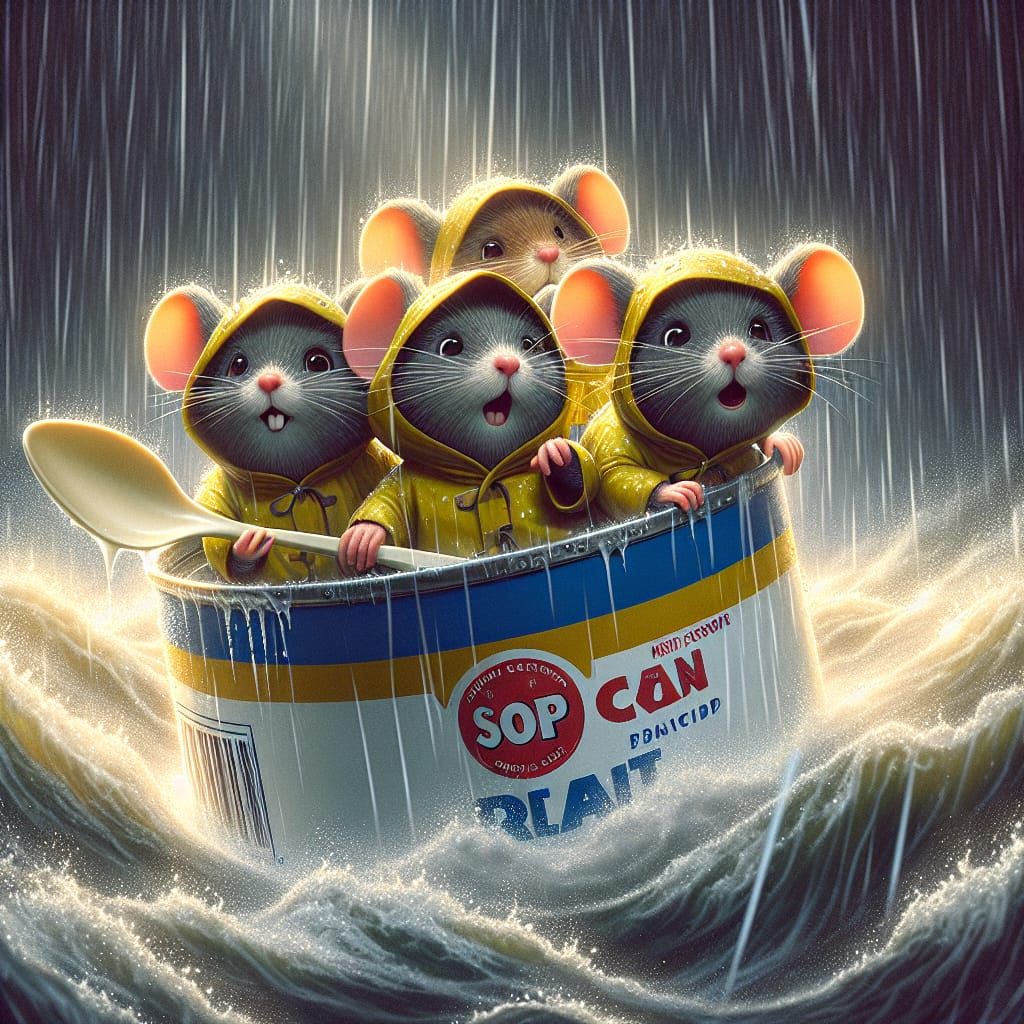 4 Mice friends in yellow rain gear inside a soup  using plastic spoon to steer can scared but excited ...  by @Shelby