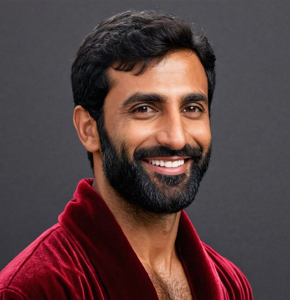 Dânish, a handsome cheerful man  in a  red velours  robe