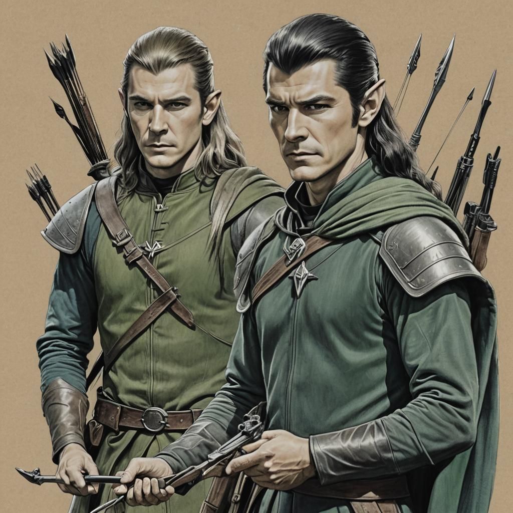 Young Orlando Bloom as Legolas holding a bow, quiver of arrows, green ...