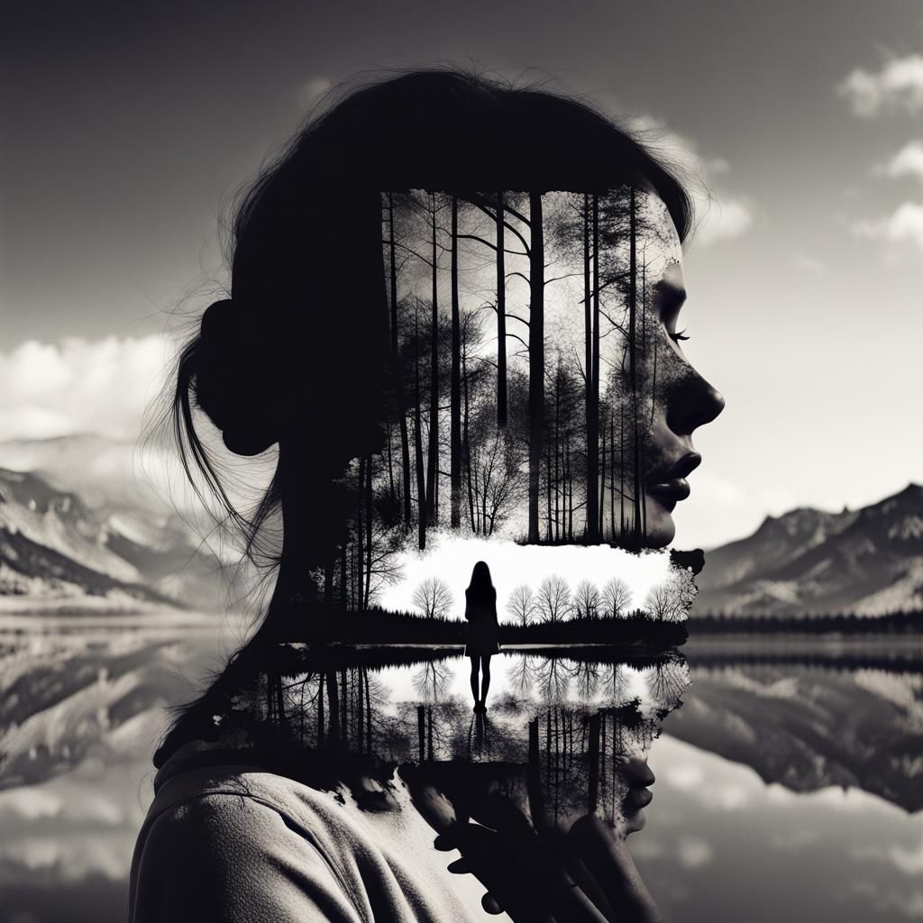 Masterpiece double exposure of a girl silhouette with monoch...