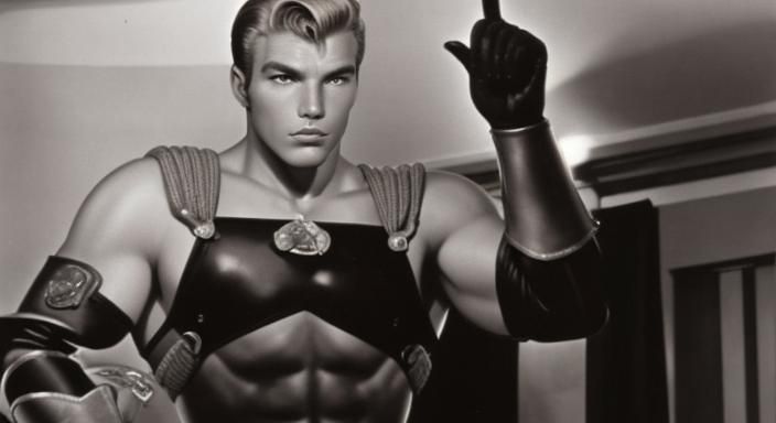 very hand some and muscular, short blonde hair Buster Crabbe...