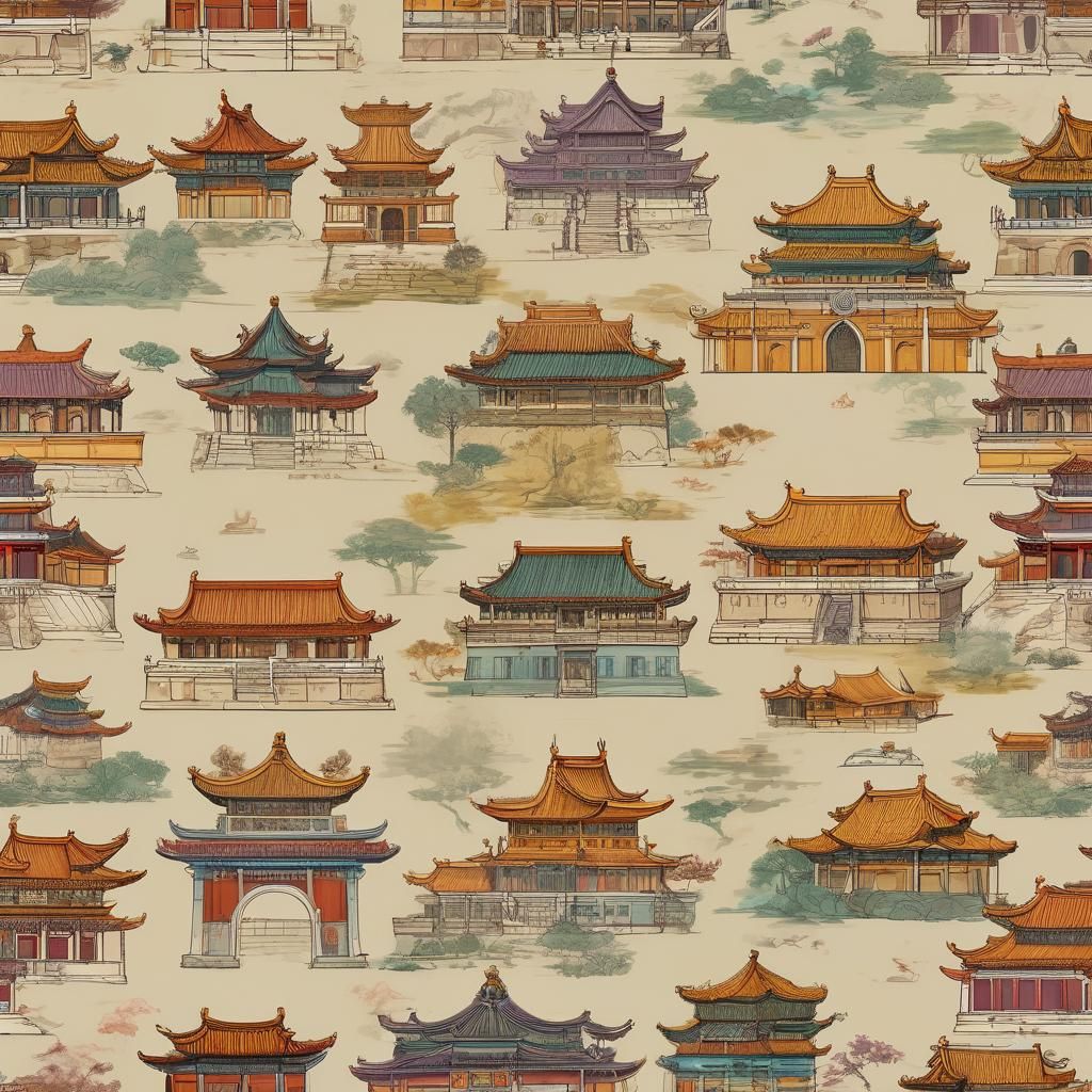 A set of illustrations with Chinese architectural elements, ...
