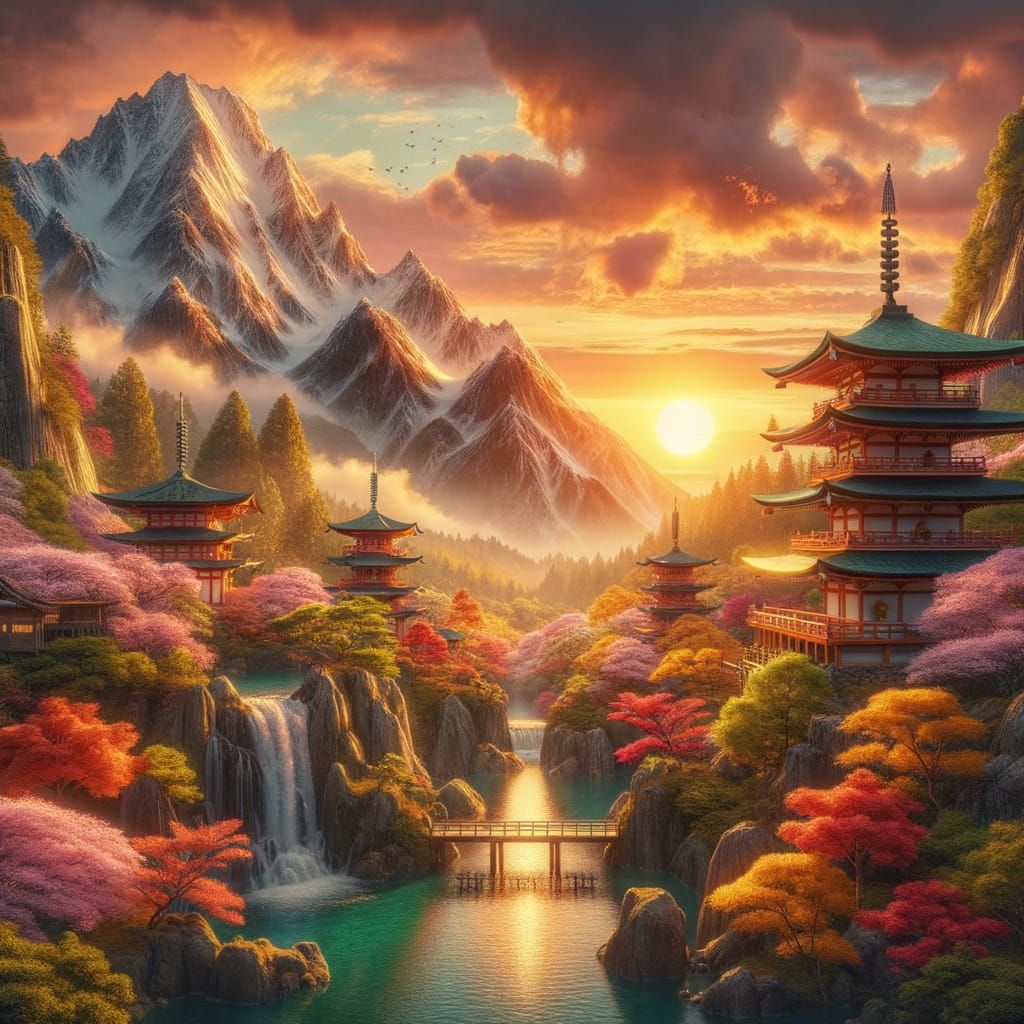 נוף יפני מפורט בשקיעה