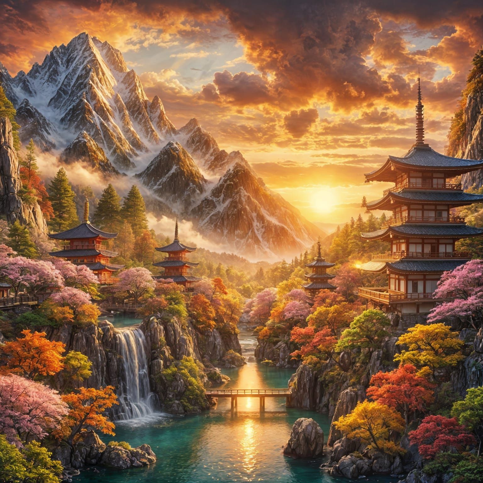Japanese Sunset Landscape with Pagodas and Autumn Foliage