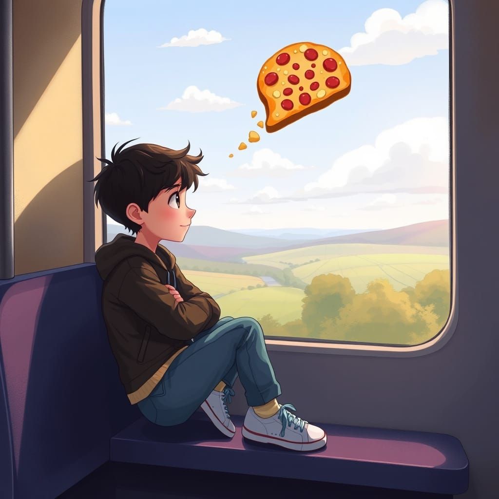 Boy Lost in Whimsical Pizza Dreams