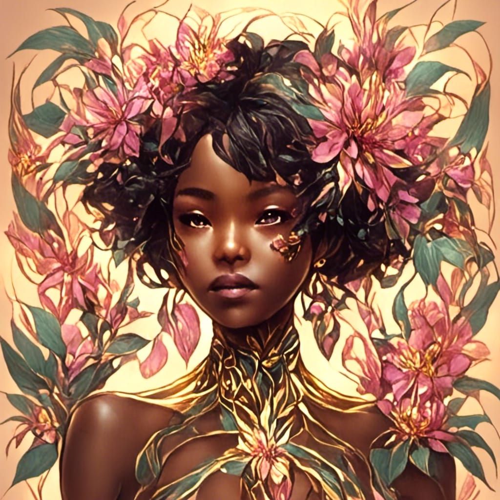 melanated, short hair, flowers <lora:Artistic Golden:1.0>