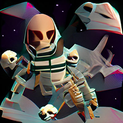 Scary skeleton astronaut in space low poly