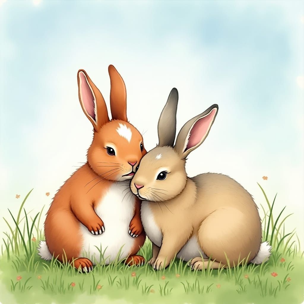 Rabbits Snuggling in Grassy Field, Watercolor Illustration