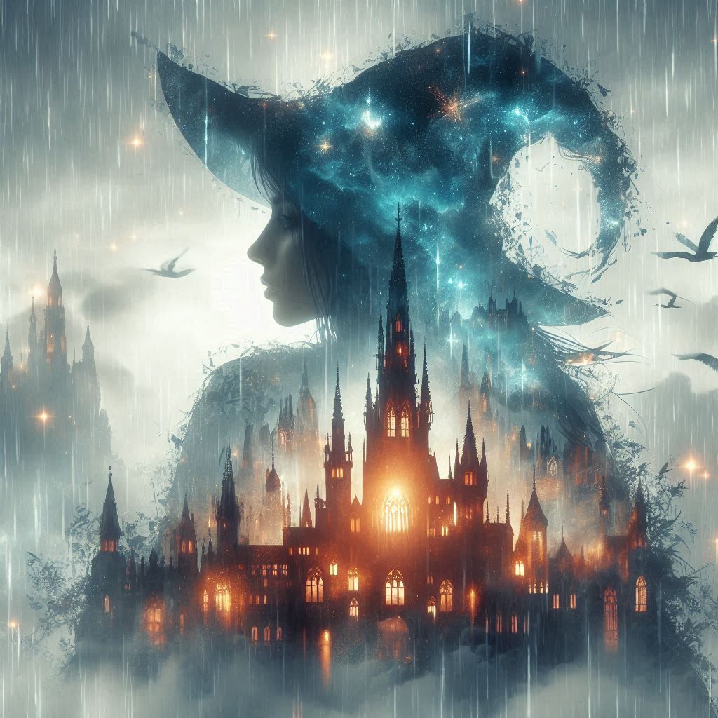 double exposure beautiful fantasy DALL-E 3 portrait landscape..