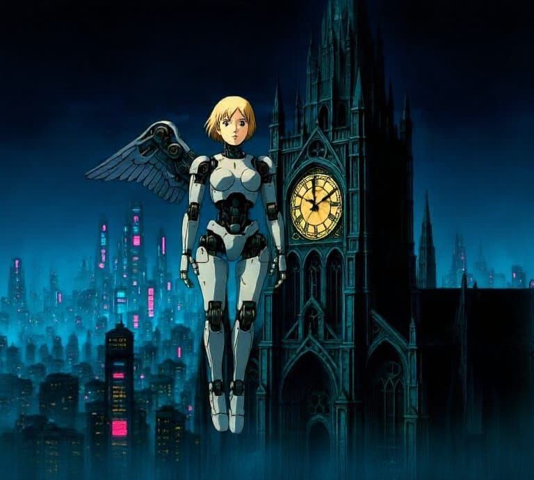 Close up of a solitary figure, a female robot with mechanical wings, floats above a colossal, ancient clockwork cathedral overlooking a cybe...