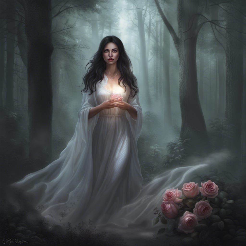 A beautiful dark haired woman but with a ghostly apparition,...