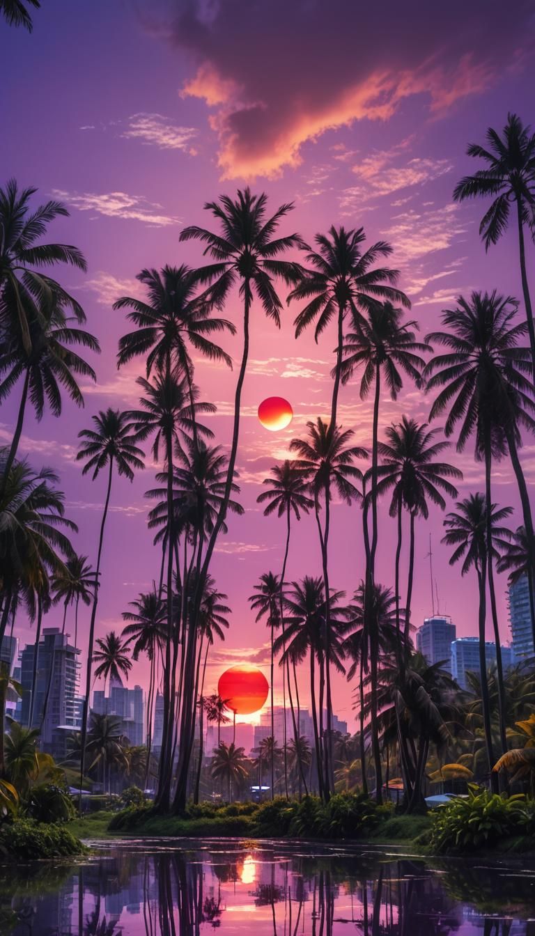 red sun in a bright purple sky with lush tropical island in ...