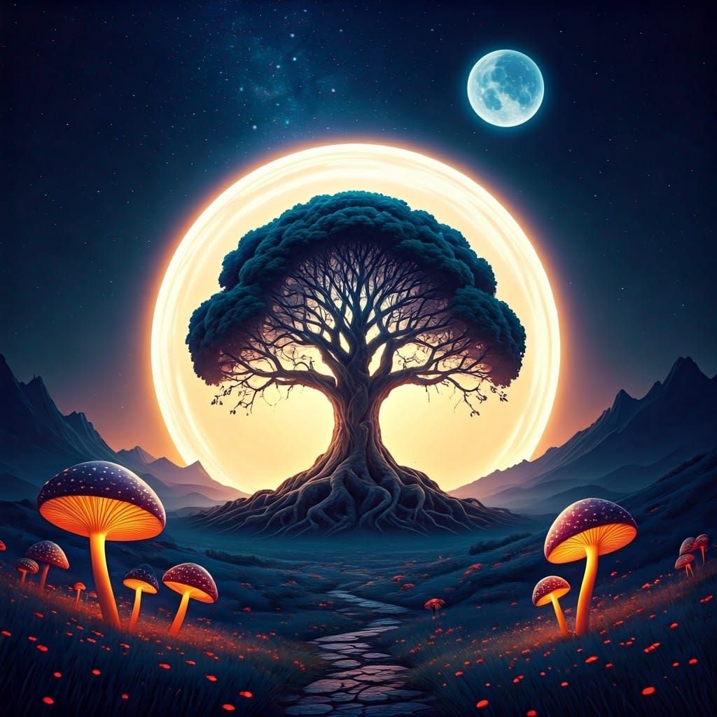 Mystical Tree Aura in Dreamlike Landscape